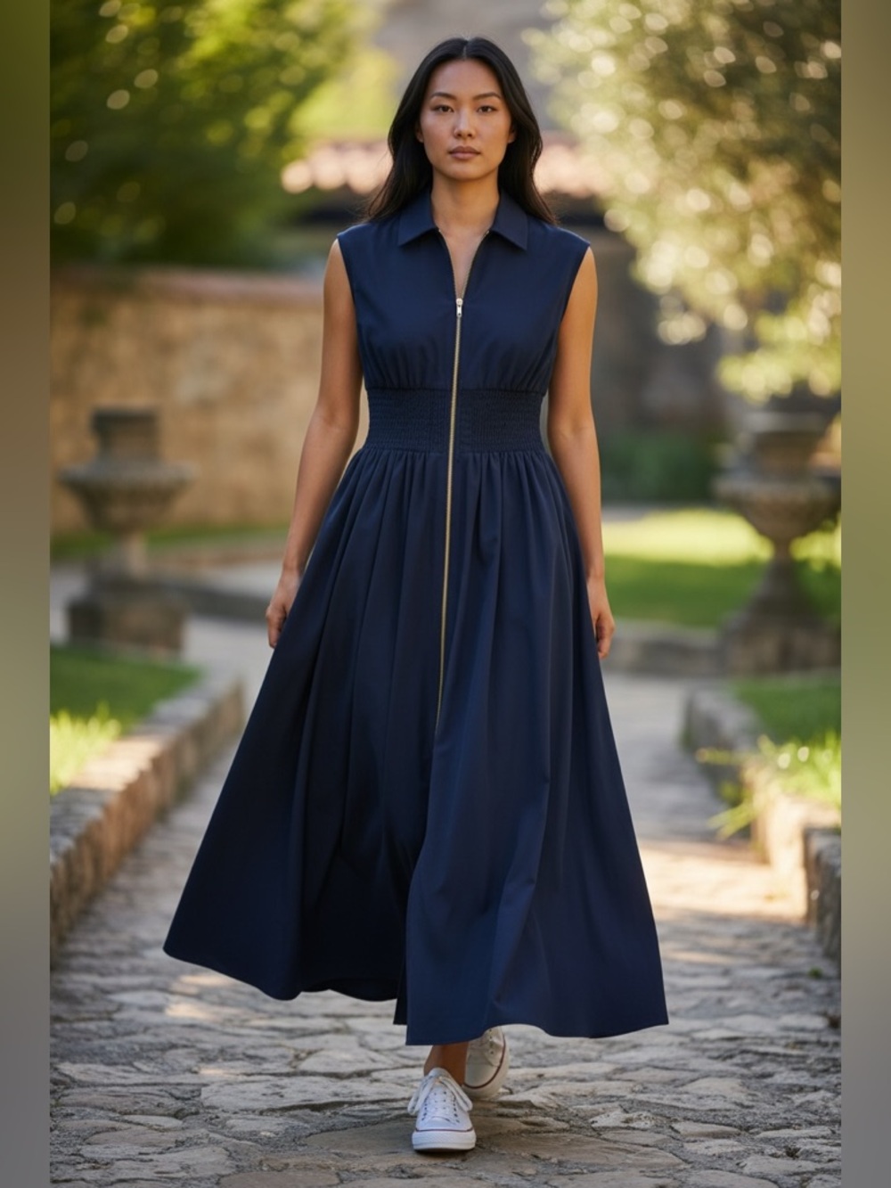 Entro Navy Zip Front Midi Dress Smocked Waist Sleeveless Size S